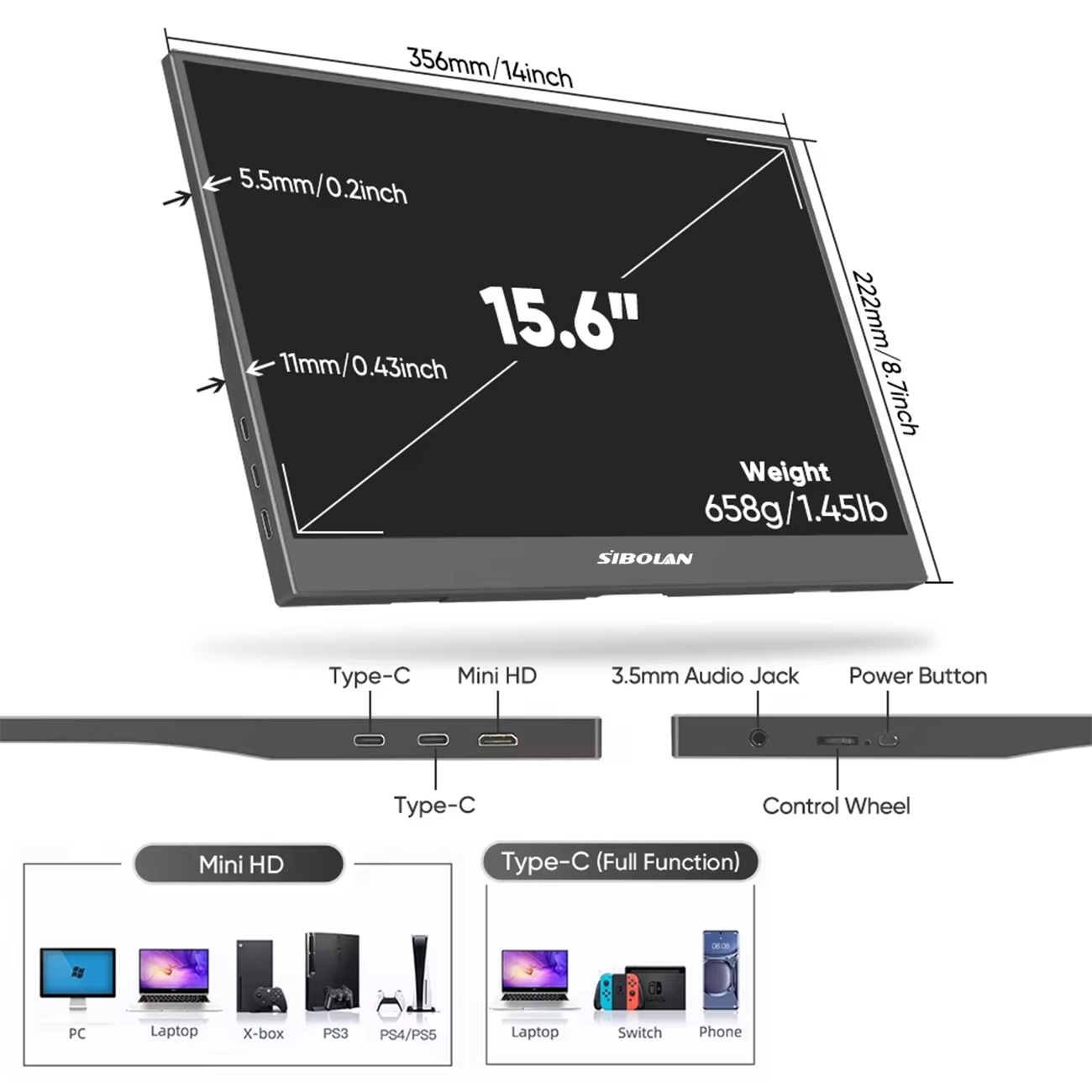 SIBOLAN 15.6 Inch Portable Mon - Portable Monitor 15.6 Inch 1080P Type C 评论和价格